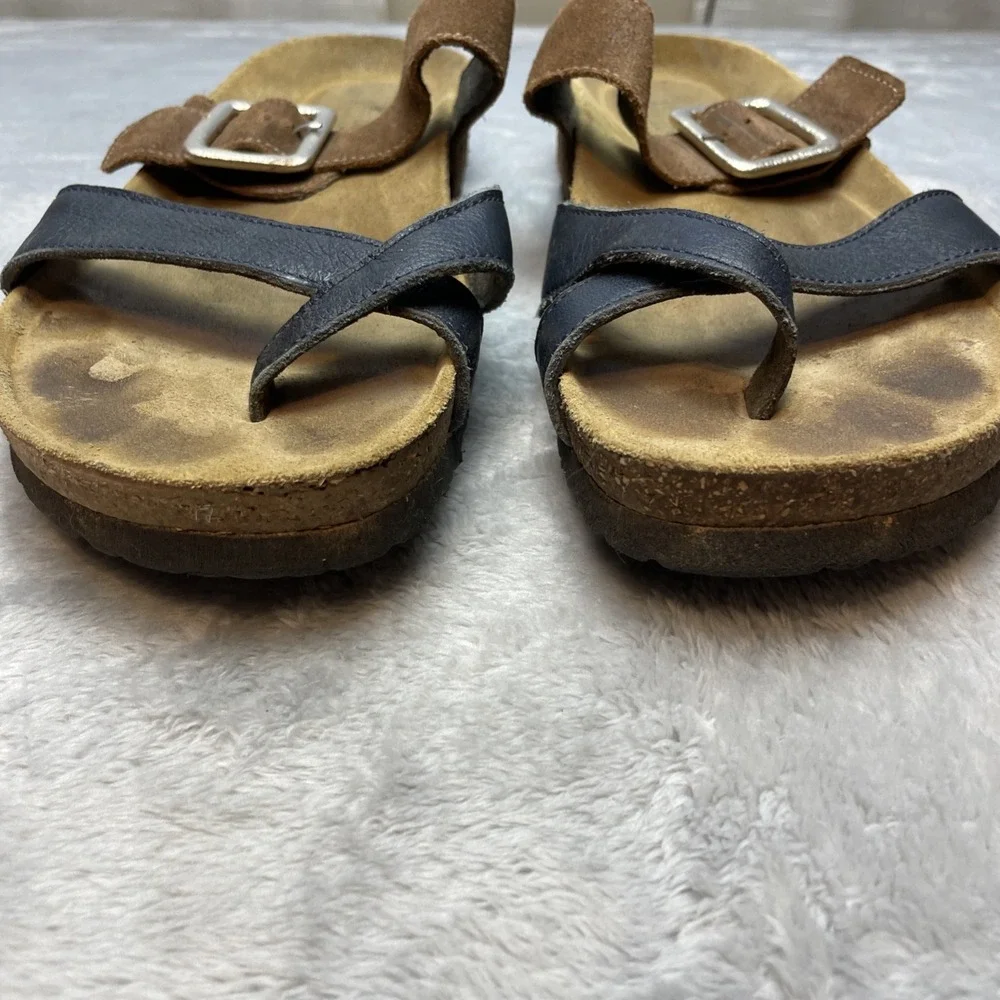 Naot Womens Fresno Leather Sandals 42 US 11-11.5 Navy Brown Loop Toe Cork Sole